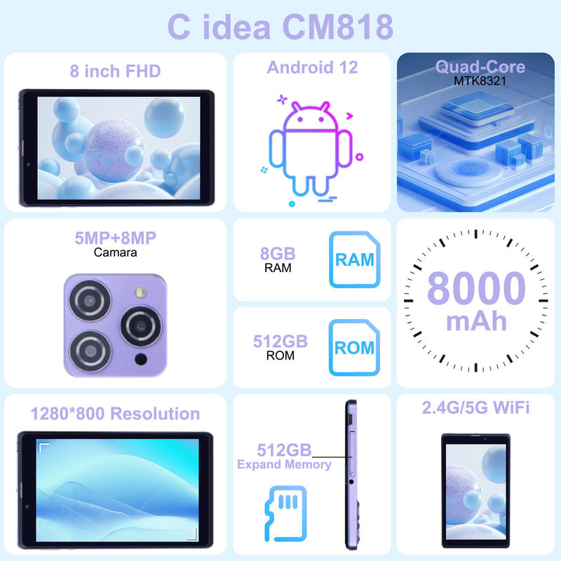 C アイディア ポータブル 8 イン アンドロイド タブレット PC 8GB RAM 512 GB アンドロイド 12 タブレット IPS HD ディスプレイ クアッドコア CM818-紫