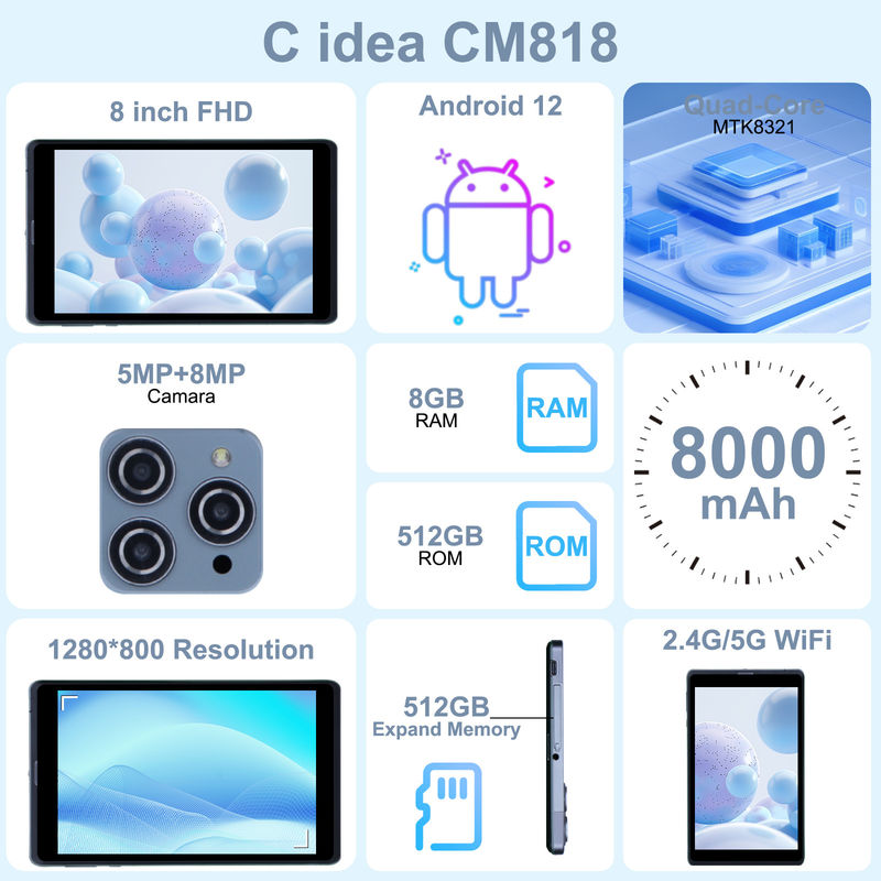 C アイデア Android タブレット PC デュアルカメラ 8 インチ 1280×800 IPS HD ディスプレイ Android 12 タブレット 学生用 CM818 グレー