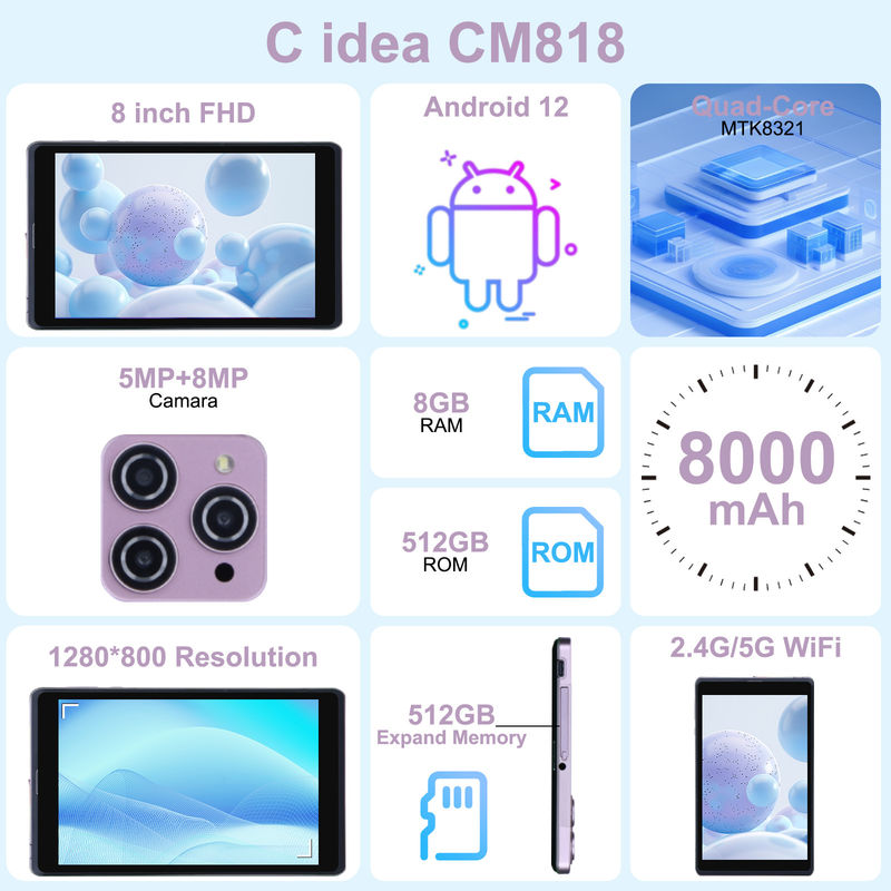 C アイデア 8インチ アンドロイド 12 タブレット 8000mAh バッテリー 5+8MP カメラ 8GB RAM 512GB ROM 教育学習 CM818-ピンク