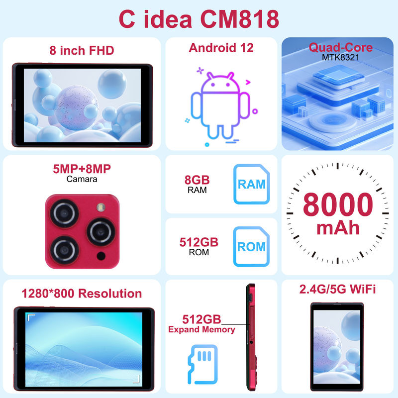 C アイデア 8インチ Android 12 タブレット 8GB RAM 512GB ROM 8000mAh バッテリー 5+8MP 学生用カメラ SIMサポート CM818赤