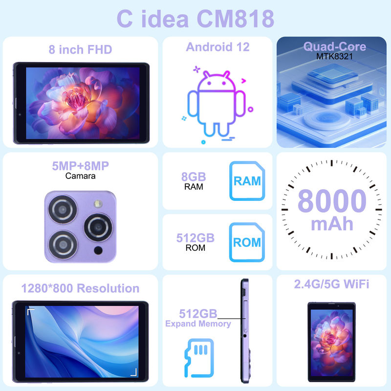 C アイディア ポータブル 8 イン アンドロイド タブレット PC 8GB RAM 512 GB アンドロイド 12 タブレット IPS HD ディスプレイ クアッドコア CM818-紫