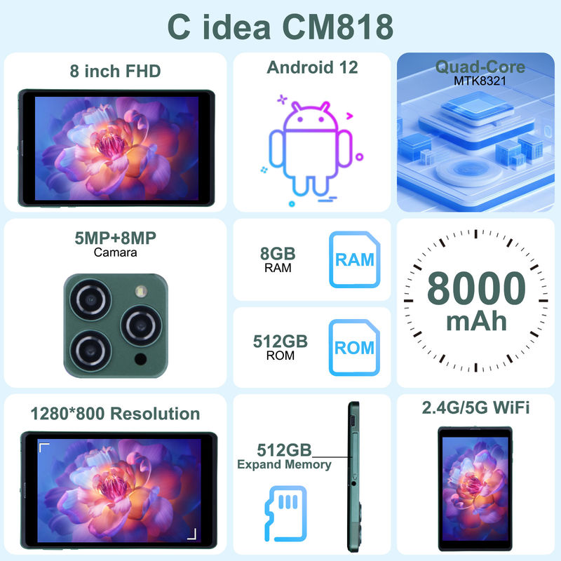C アイデア ポータブル 8 インチ Android タブレット PC Android 12 クアッドコア CPU 8GB RAM 512GB ストレージ IPS HD ディスプレイ CM818-グリーン