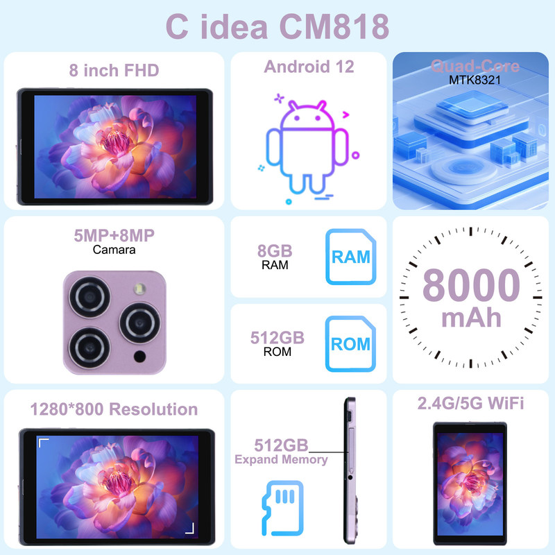 C アイデア 8インチ アンドロイド 12 タブレット 8000mAh バッテリー 5MP+8MP カメラ 8GB RAM 512GB ROM 教育学習用 CM818-ピンク