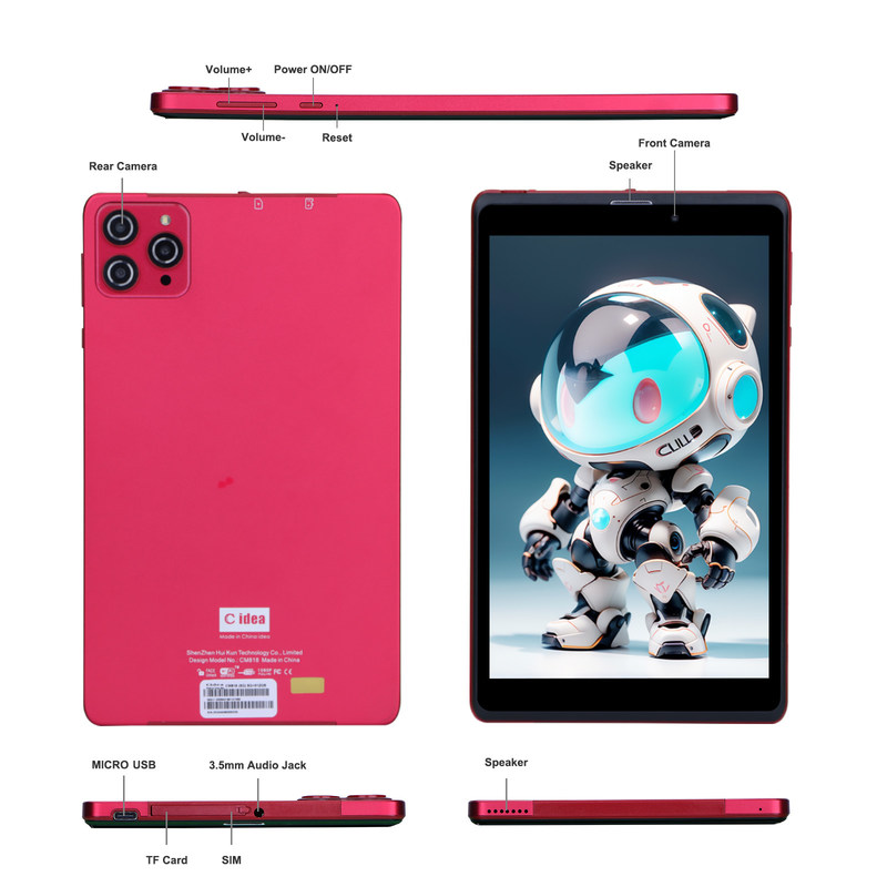 Cアイディア 8インチ Android 12 タブレット 8GB RAM 512GB ROM 8000mAh バッテリー 5+8MP ティーンズ向けカメラ SIM対応 CM818赤