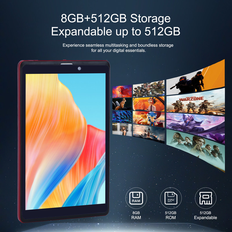 Cアイディア 8インチ Android 12 タブレット 8GB RAM 512GB ROM 8000mAh バッテリー 5+8MP ティーンズ向けカメラ SIM対応 CM818赤