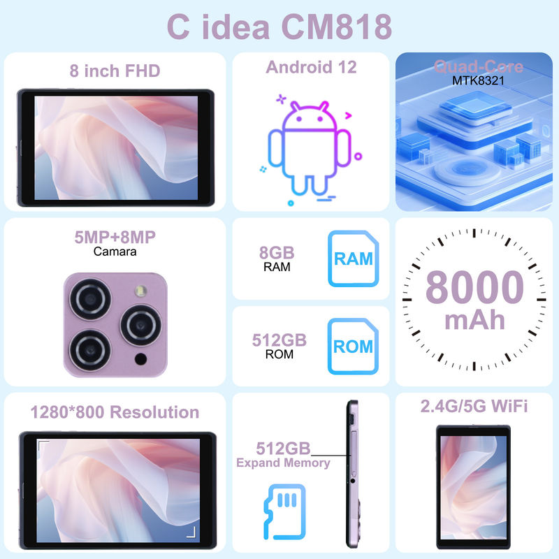 C アイデア 8インチ アンドロイド 12 タブレット 8000mAh バッテリー 5+8MP カメラ 8GB RAM 512GB ROM 教育学習 CM818-ピンク