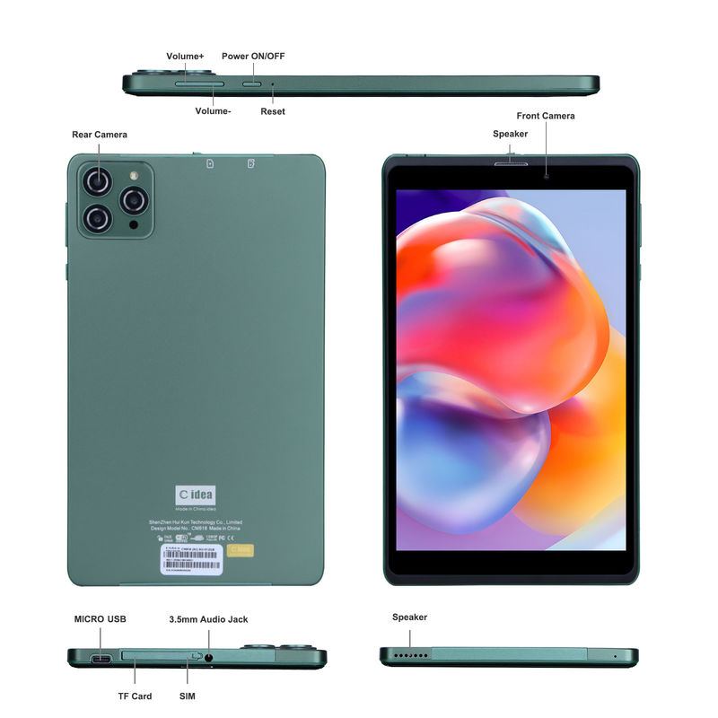 C アイデア 8 インチ Android タブレット PC Android 12 OS クアッドコア CPU 8GB RAM 512GB ストレージ IPS HD ディスプレイ CM818-グリーン