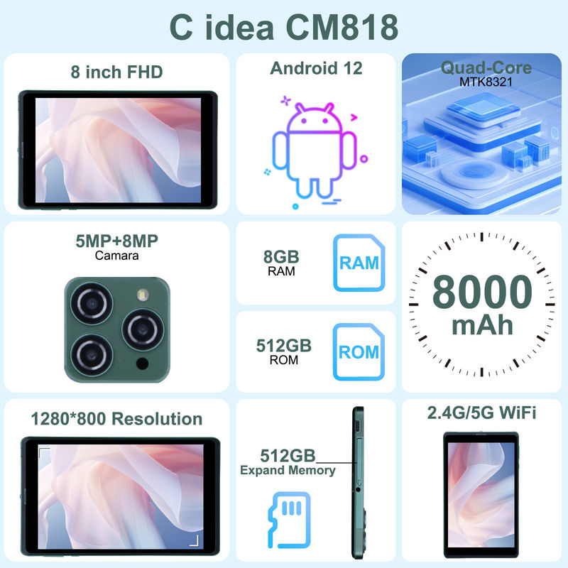 C アイデア 8 インチ Android タブレット PC Android 12 OS クアッドコア CPU 8GB RAM 512GB ストレージ IPS HD ディスプレイ CM818-グリーン