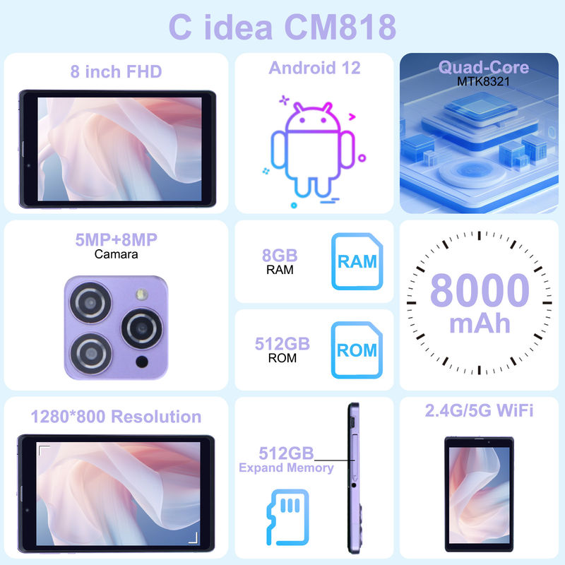 C アイディア ポータブル 8 イン アンドロイド タブレット PC 8GB RAM 512 GB アンドロイド 12 タブレット IPS HD ディスプレイ クアッドコア CM818-紫
