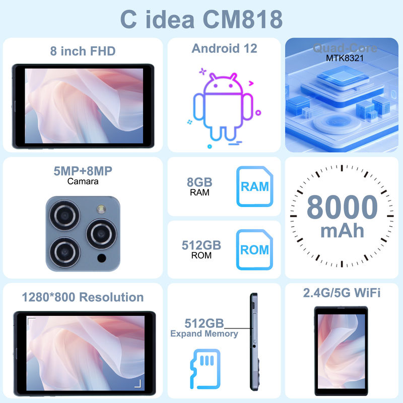 C アイデア Android タブレット PC デュアルカメラ 8 インチ 1280×800 IPS HD ディスプレイ Android 12 タブレット 学生用 CM818 グレー
