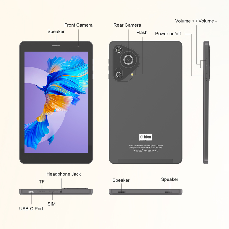 C idea Youth 8インチタブレット Android 15、ブラックライトスクリーン搭載、WiFi、8GB + 512GB、800*1280 IPS incell CM828