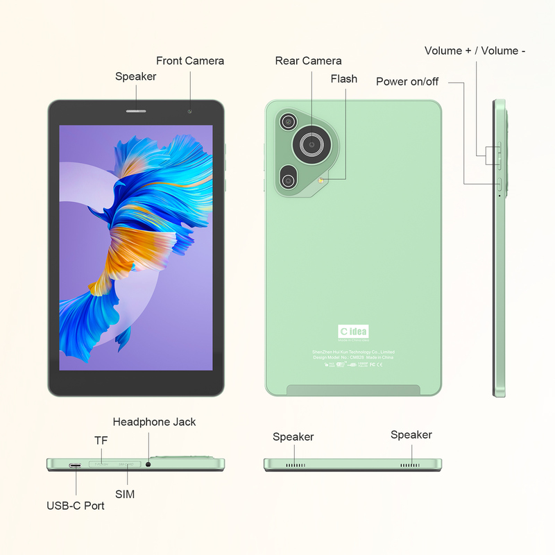 C idea Youth グリーン 8 インチ タブレット Android 15、tf カードスロット、WiFi、8GB + 512GB、800*1280 IPS incell CM828